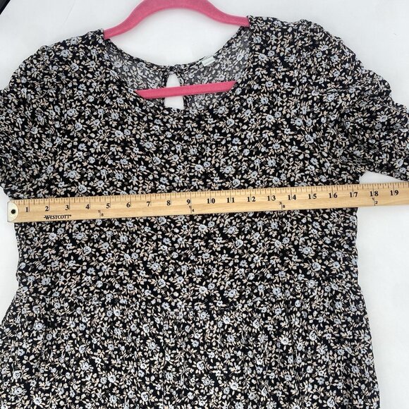Aerie Size M Black Floral Print Short Sleeve Tiered Midi Dress Boho Peasant - Picture 3 of 13